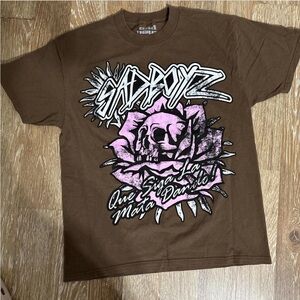 Sad Boyz Brown Graphic Tee with Pink Skull Design